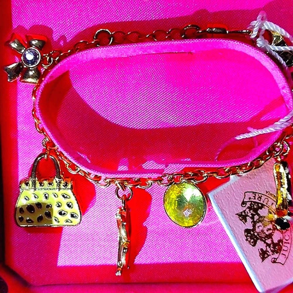 JUICY COUTURE 👠Cat Crystal 🤓 🐆 👛 🎀 Charm Bracelet never removed from🎁 NWT
